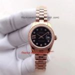 Copy Rolex Datejust Rose Gold Diamond Bezel Black Dial Diamond Markers 26mm Ladies Watch